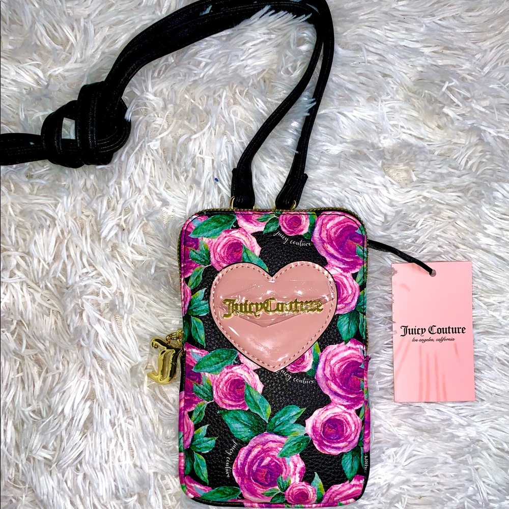 Juicy Couture Black Pebbled Leather Crossbody Bag “Moody Garden” Floral Pattern